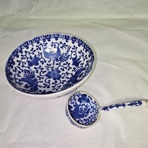 Vintage Phoenix Bird Phoenixware Blue and White Porcelain Bowl and Ladle Set